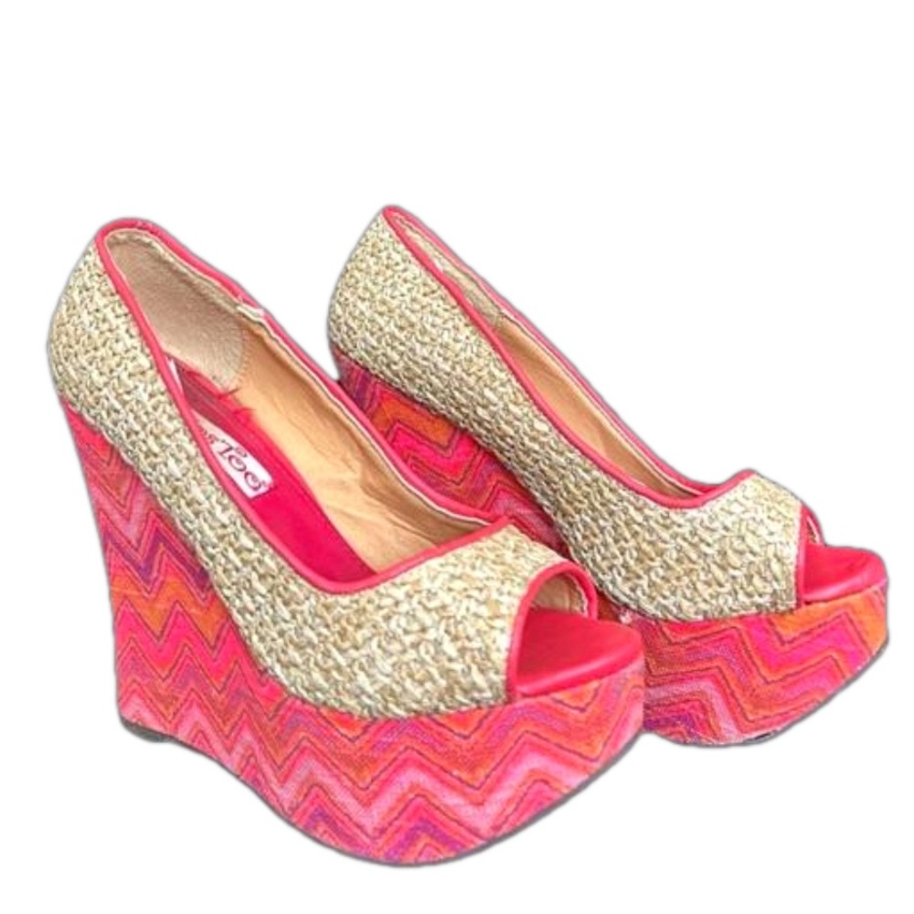 2 Lips Too Retro Pink Boho Chevron Pattern Peep Toe Platform Wedge